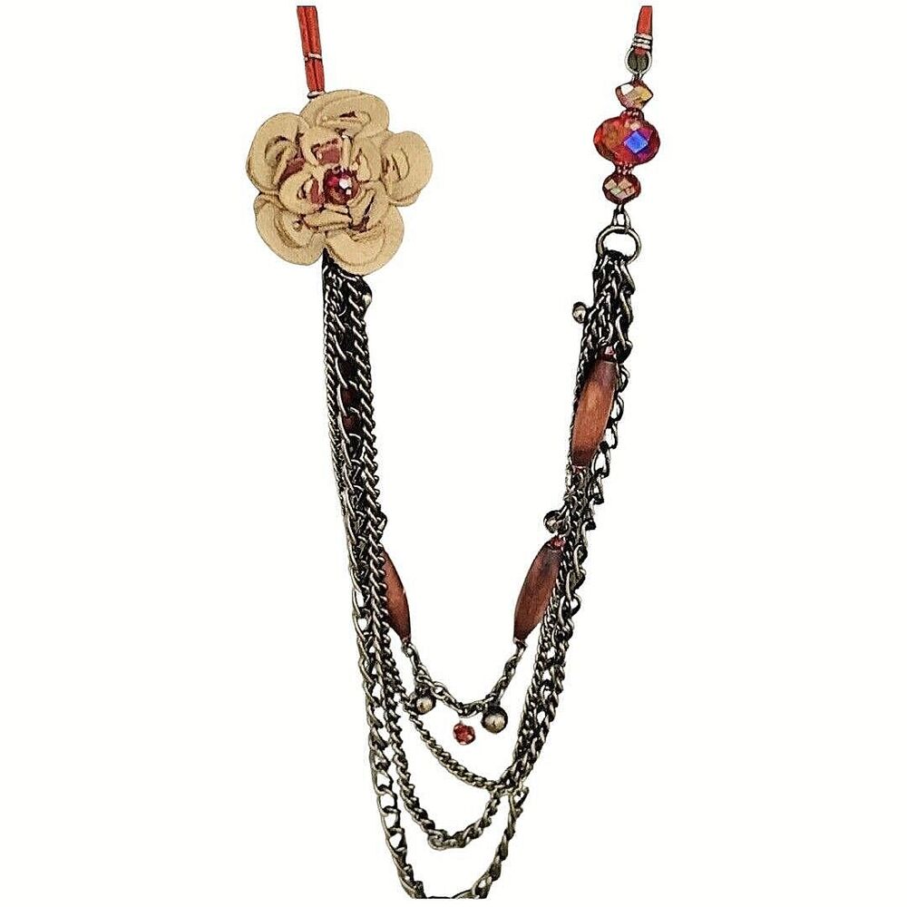 Da Vinci Red Crystal Suede Flower Layered Chain Necklace 36" Boho Chic